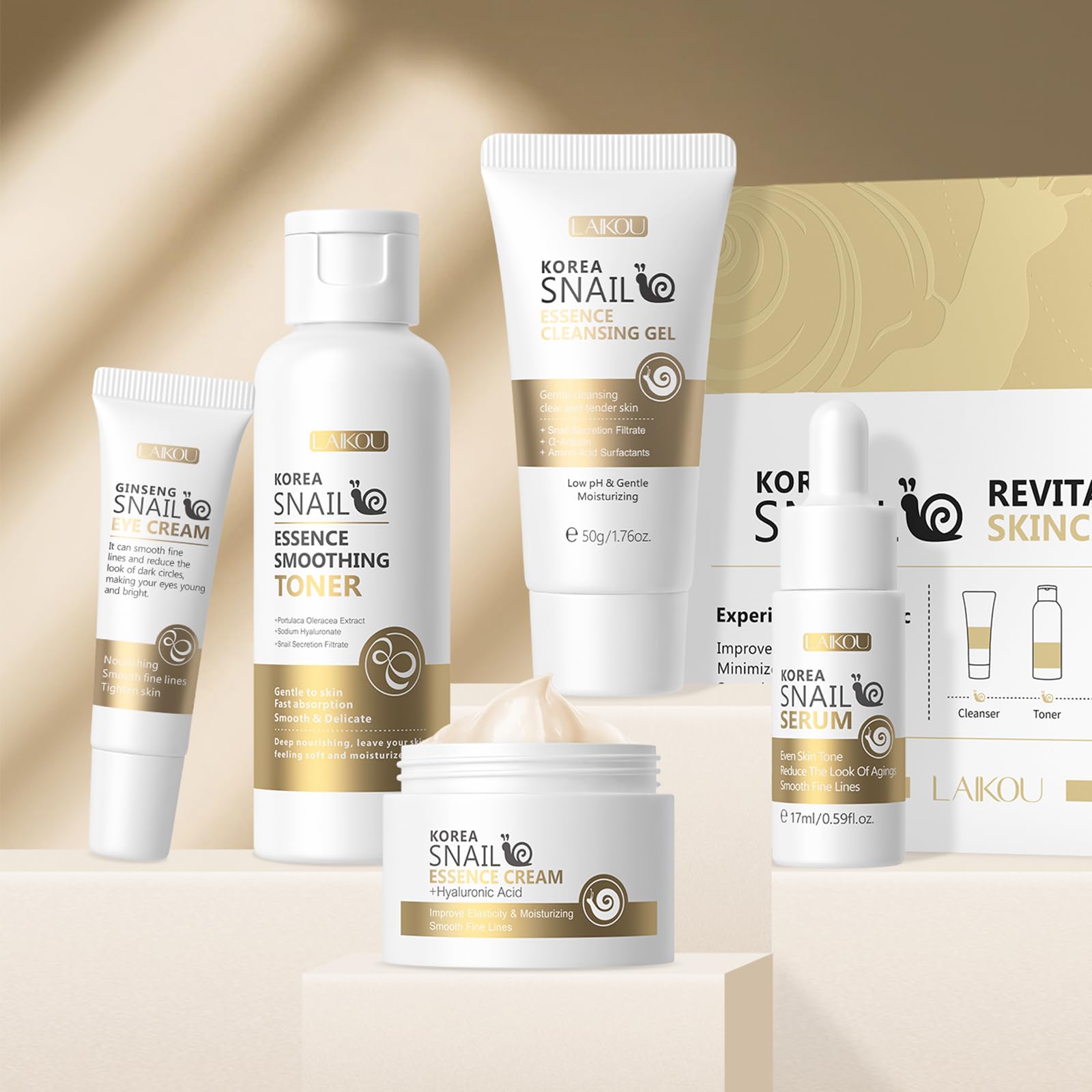 LAIKOU Korea Snail Mucin Skincare Set, Face Care Kit with Hyaluronic Acid, Niacinamide & Red Ginseng, Hydrating Cleanser, Toner, Serum, Eye Cream, Moisturiser, Gift Set for Teenage Girls Women