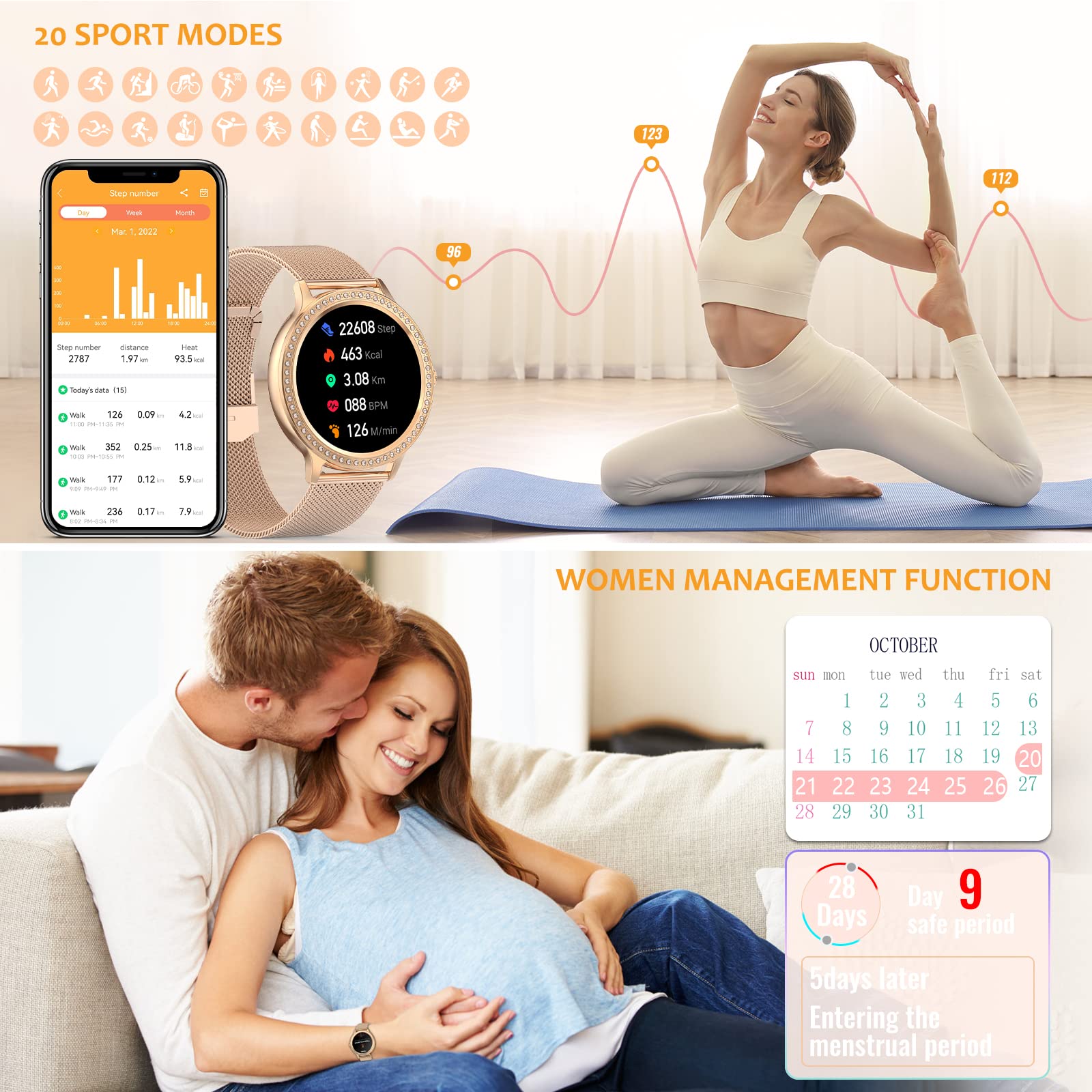 Women's Smartwatch with Phone Function, Smart Watch with Diamond Bracelet, Voice Assistant Fitness Tracker with SpO2 Activity Tracker, Pedometer Watch, Women's Sports Watch for Android iOS