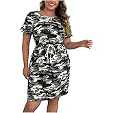 SOLY HUX Women's Plus Size Camo Print Dress Short Sleeve Tie Front Summer Short Dresses with Pocket