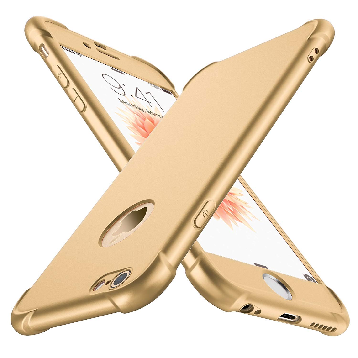 ORETECH Compatible with iPhone 6/6s Case with [2 Pack 9H Tempered Glass Screen Protector] 360 Shockproof Ultra-Thin Anti-Scratch Hard PC Silicone TPU Bumper Rubber Phone Case Cover - Gold — image 1