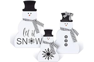 Whaline 3Pcs Winter Snowman Wooden Table Decor Christmas Black White Snowman Table Centerpiece with Hat & Plaid Ribbon Snow Man Farmhouse Tiered Tray Decor for Holiday Party Home Mantel Fireplace