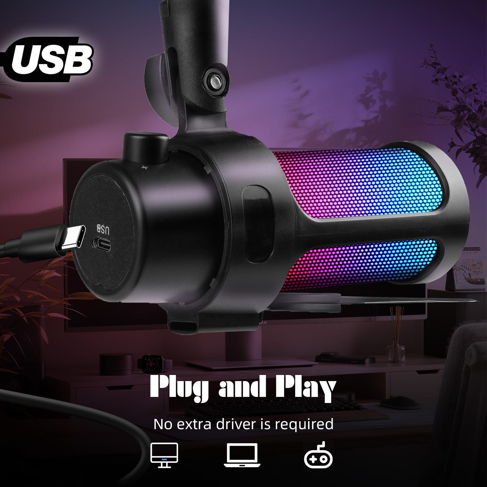 V VCOM Gaming Mikrofon mit Arm, USB Microphone Kit mit RGB Modi, Mute 3