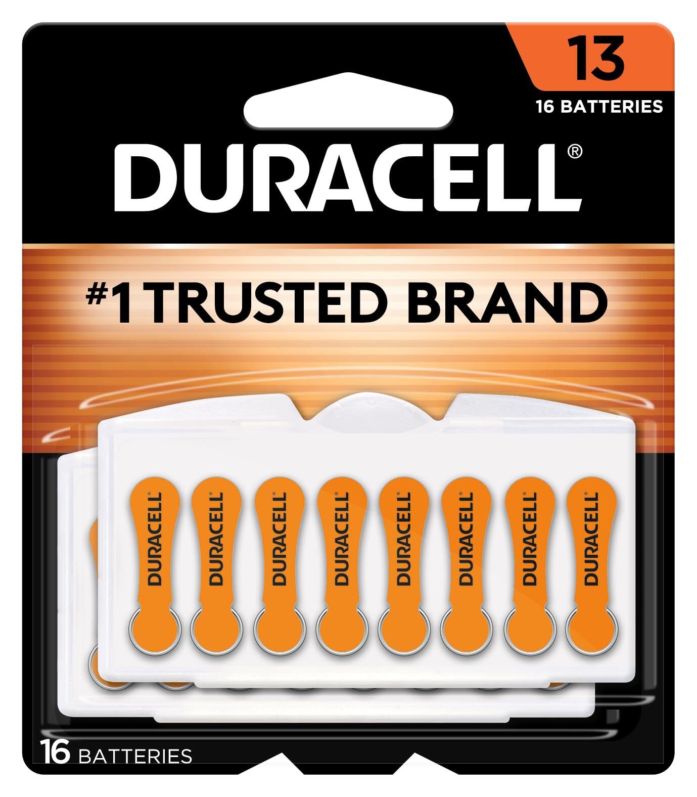 Photo 1 of Duracell Hearing Aid Batteries Orange Size 13, 16 Count (Pack of 1), Long-lasting Power, Extra-long EasyTab Install