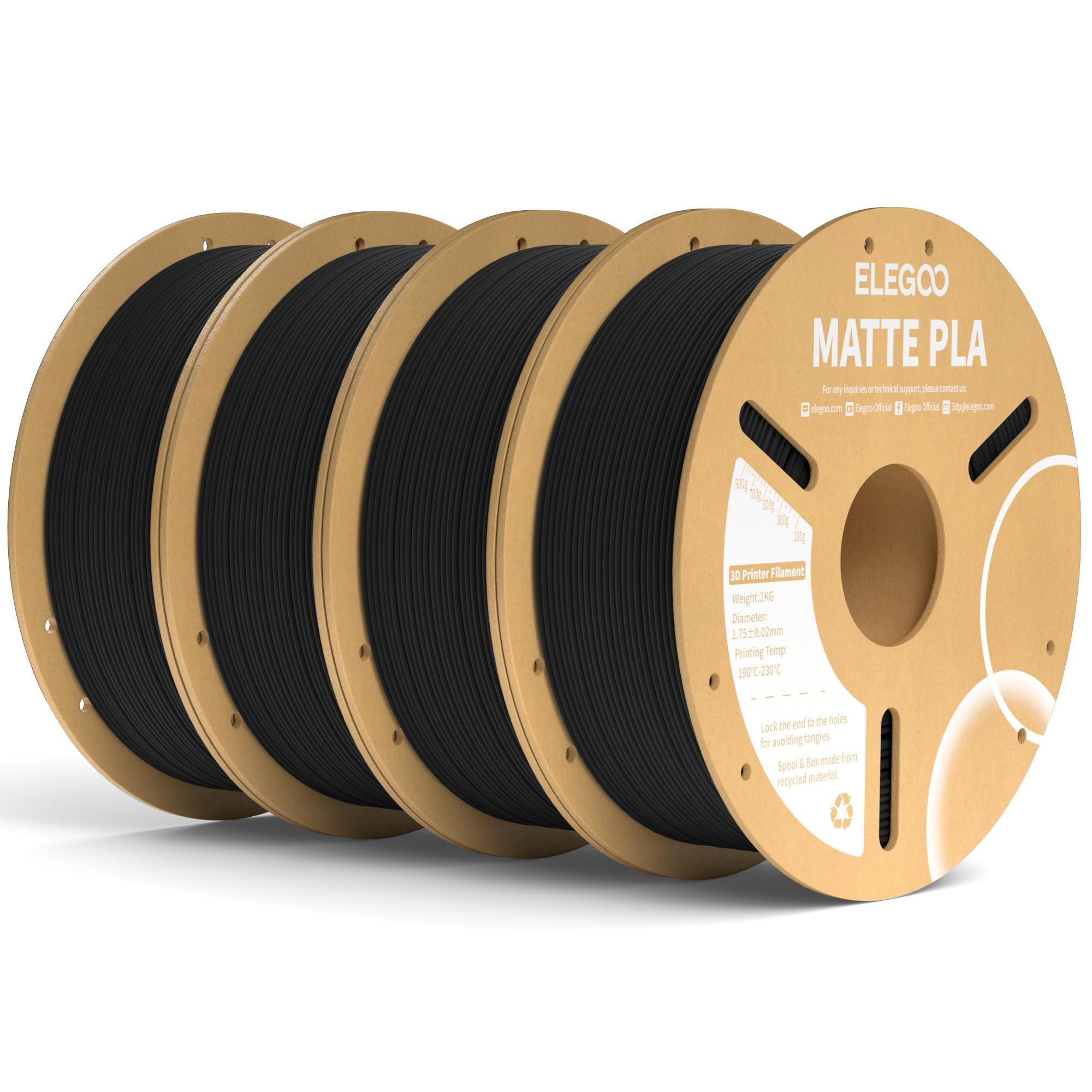 Photo 1 of **USED/UNKNOWN AMT.**ELEGOO Matte PLA Filament Matte Black 4KG, 1.75mm 3D Printer Filament Dimensional Accuracy +/- 0.02mm, 4pcs 1kg Carboard Spool (2.2lbs) for Most FDM 3D Printers