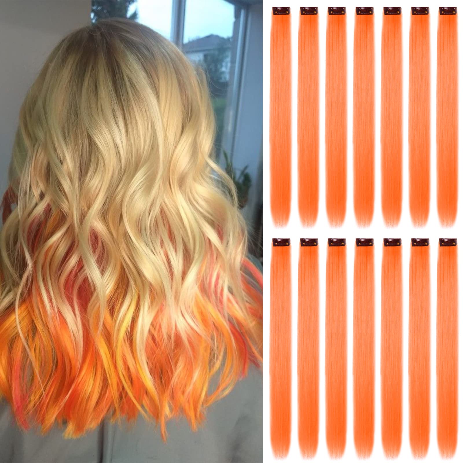 16Pcs Colored Clip in Hair Extensions, 22 Inch Colorful Highlights Hairpieces Straight & Long Heat-Resistant Synthetic Hair Accessories for Kid Girls Women Party Hair Decor (16Pcs-Orange)