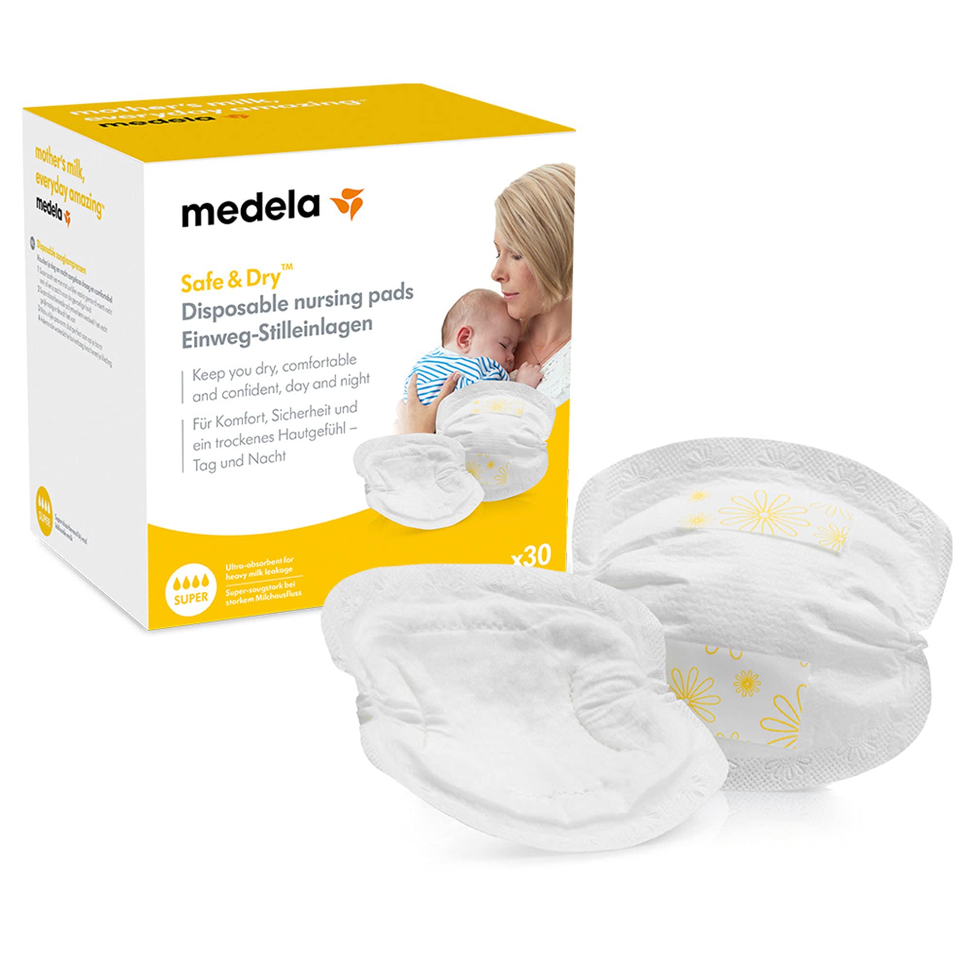 Medela Safe and Dry Disposable Nursing Pads - Ultra-Absorbent, Discreet Nursing Pads, Pack of 30 Individually Wrapped Breast Pads
