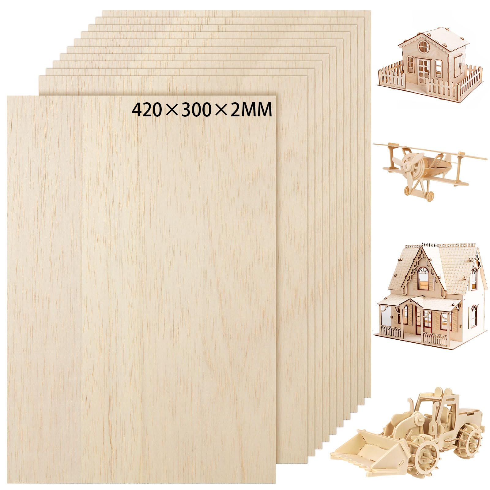 10 Pack 420 x 300mm Basswood Sheets, 2MM Craft Plywood Sheets, Plywood Board Thin Wood Board Sheets, Unfinished Wood Boards for Crafts, Hobby, Model Making, Wood Burning