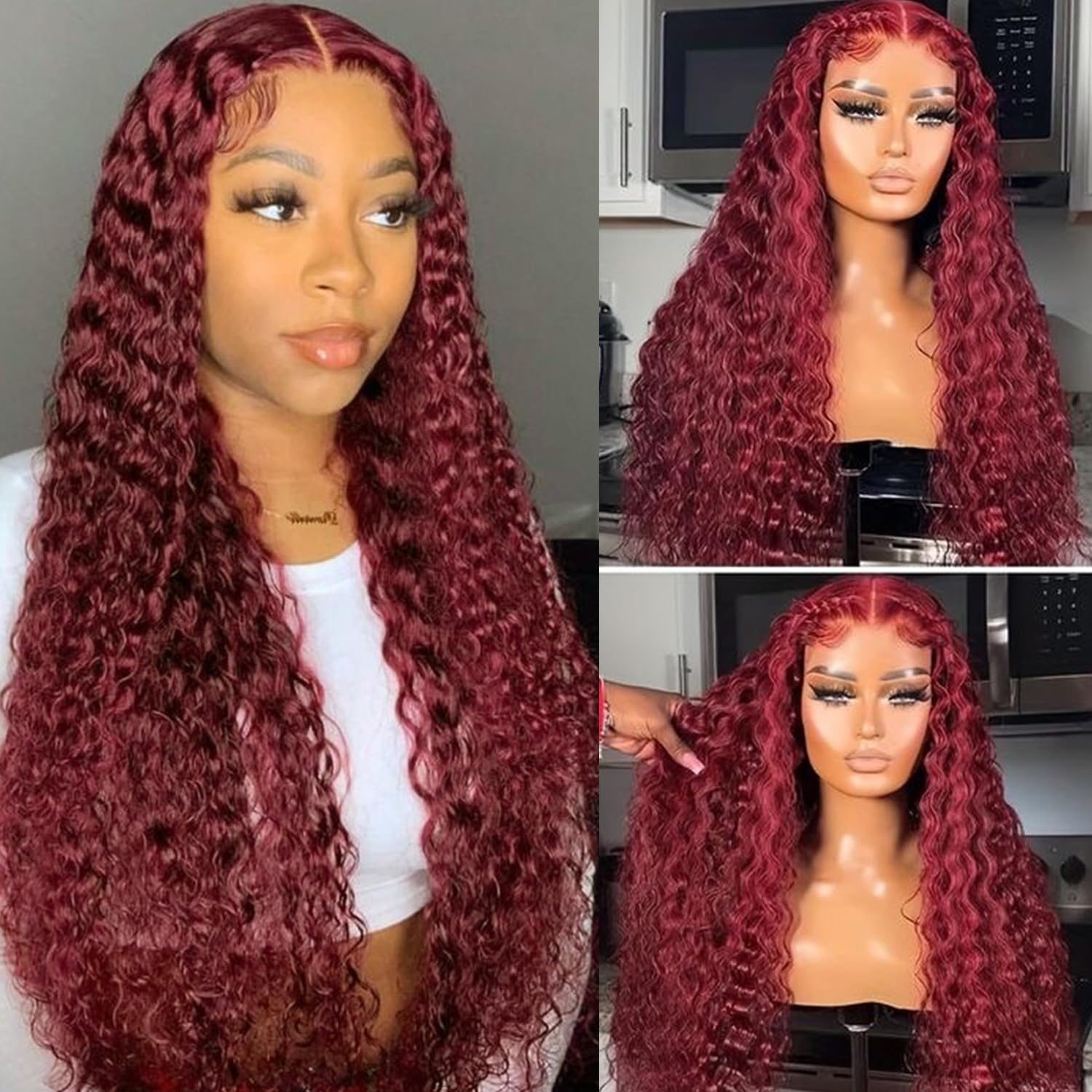 Photo 1 of Lezaxiu 99J Burgundy Loose Curly Synthetic Lace Front Wigs 32 Inches Pre Plucked Long Deep Curly Wave Wigs Glueless Wine Red Colored Wigs Heat Resistant HD Lace Front Wigs for Fashion Women