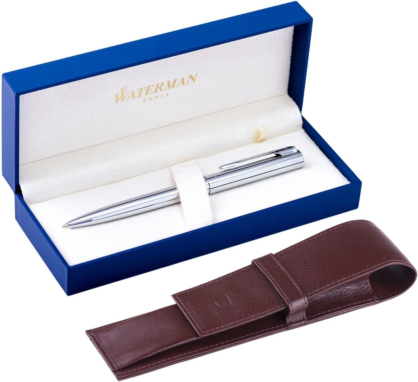 Waterman Graduate Ballpoint Chrome plus Pagani Hunting Brown - Genuine London Collection Leather Pen Case