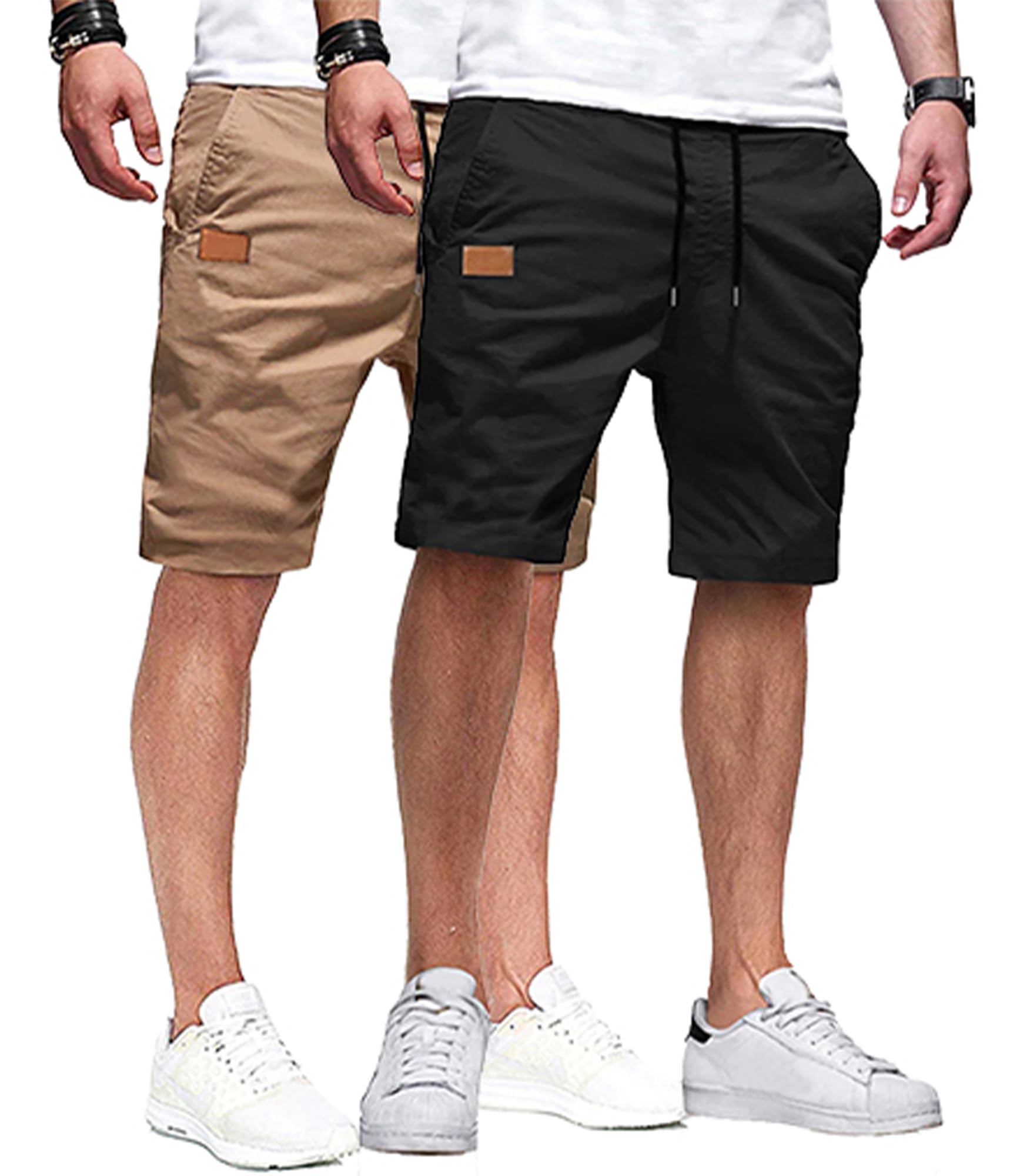 Photo 1 of (ONLY BROWN SHORTS) JMIERR Mens Casual Shorts for Men with Pockets and Elastic Waistband, L, Black/Khaki