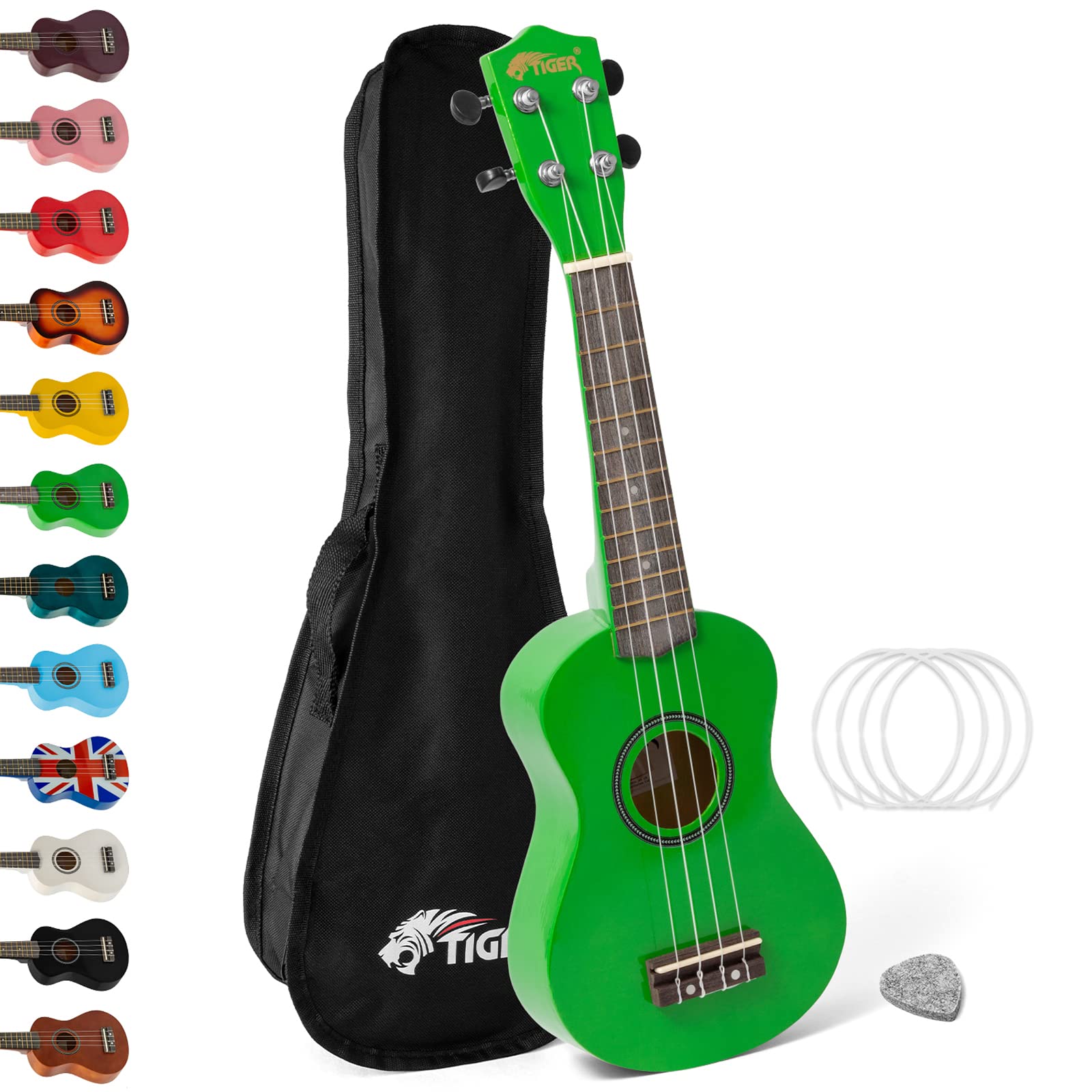 Tiger UKE7-GR Soprano Ukulele - Ideal for Beginners and Schools – Includes Gig Bag, Felt Pick, Spare Strings now with Aquila Strings - Green