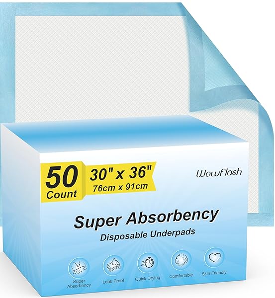 50 COUNT 30” X 36” SUPER ABSORBENCY DISPOSABLE UNDERPADS, LEAKPROOF QUICK DRYING, BABY PUPPY & ADULTS BED PADS DISPOSABLE ADULTS, DOG PEE PADS EXTRA LARGE, XXL INCONTINENCE PADS