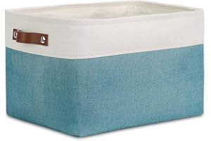 DULLEMELO Fabric Storage Basket for Shelves/Closets, Collapsible Rectangle Basket for Organizing Clothes, Toys, Towels, Books, Laundry, Nursery, Dog Toy Basket Empty (White&Teal)