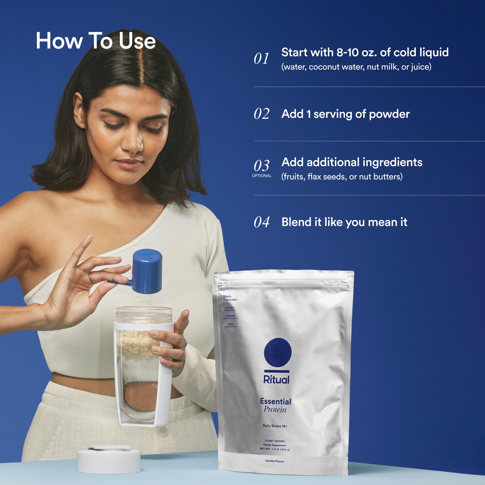 Ritual 18+ Vegan Protein Powder with BCAA: 20g Organic Pea Protein from Regenerative Farms in USA, Gluten Free, Plant Based, Sugar Free, Dairy Free, Hand-Crafted Vanilla, 1Lbs