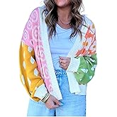SELINK Women's Cardigan Sweater Flower Dotted Mixed Print Colorblock Open Front Cardigan Patchwork Long Sleeve Outwear