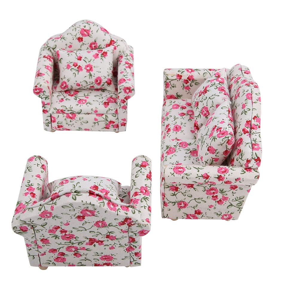 Dollhouse Sofa, 1/12 Scale Dollhouse Accessories Flower Pattern Mini Furniture Sofa Set With Back Cushions(#2)