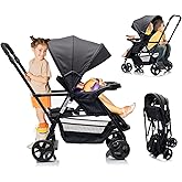 SPWVIP Double Stroller,Sit-Stand Lightweight Travel Folding Stroller for Toddler with Standing Platform,5-Point Harness,Canop