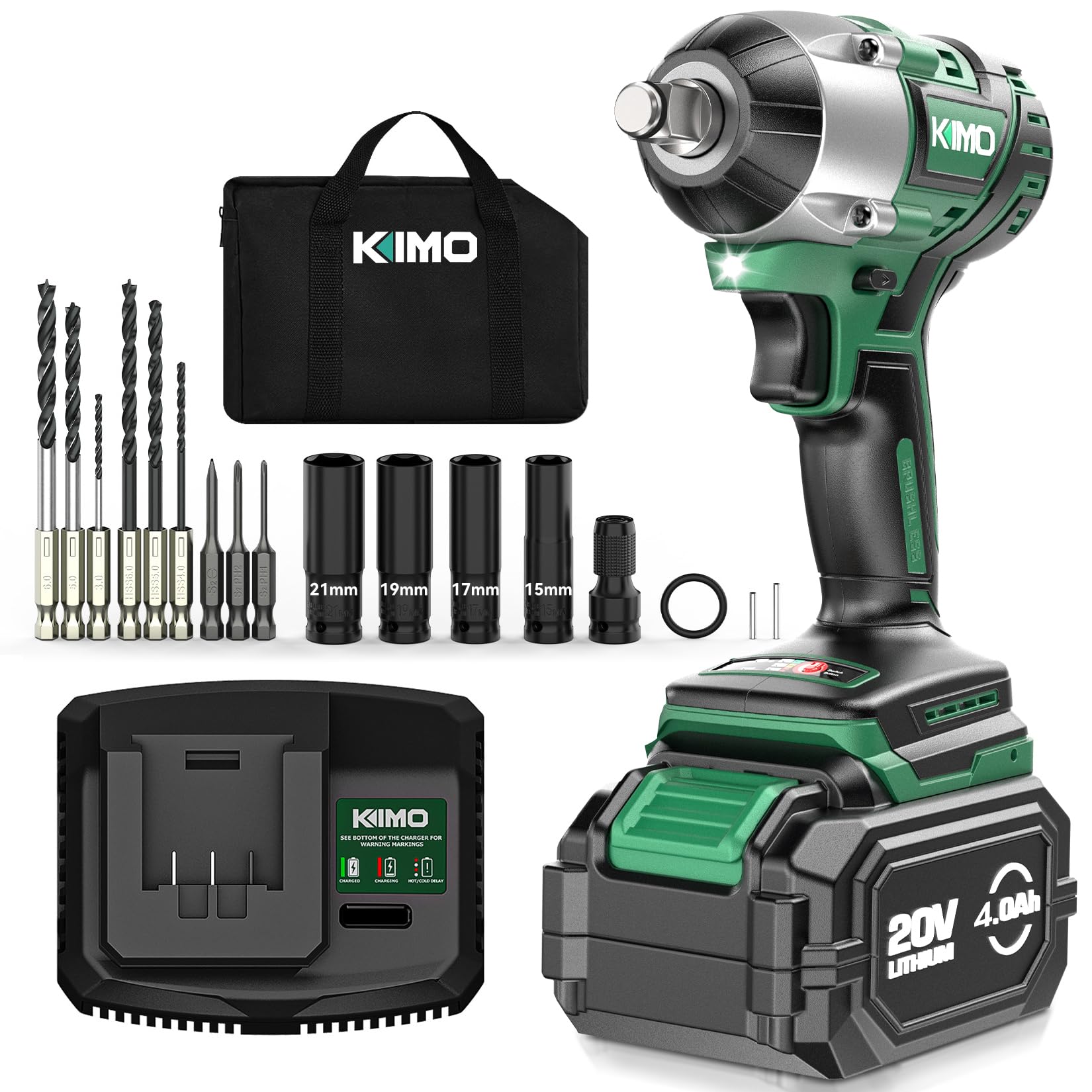 【2025新型】KIMO 電動インパクトレンチ タイヤ交換 電動ドライバー 電動ドリル セット 20V 4000mAhバッテリー コードレスインパクトレンチ 高トルク500N·m 無断変速 自動停止モード タイヤ交換 インパクト ソケット7本 正逆切替 LEDライト付き 強力電動レンチ インパクトドリル 電動工具 自動車の修理 ナットの締め付け ボルトの緩み 過負荷・過熱・放電保護 PSE認証済商品画像