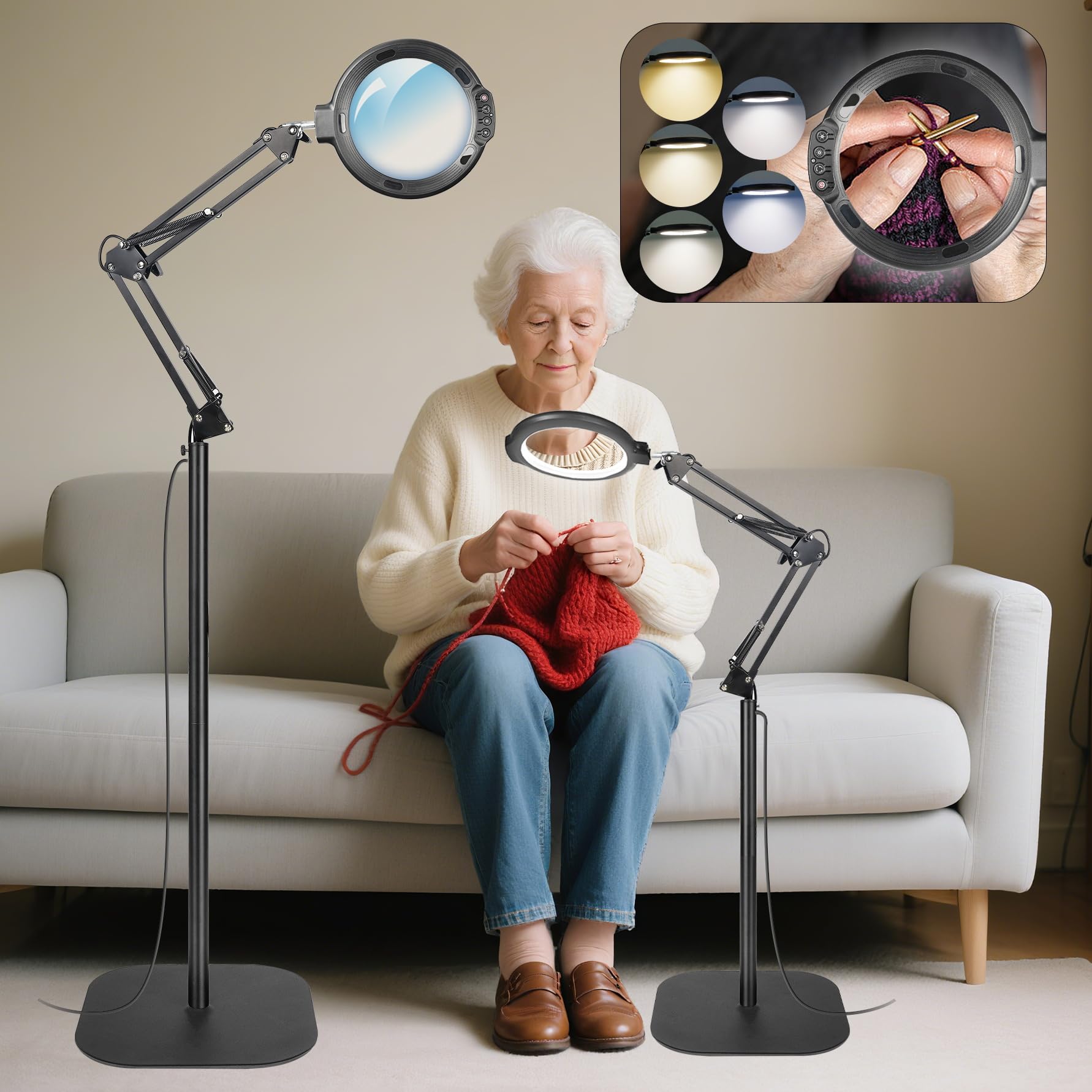 Photo 1 of 12X Large Floor Magnifying Glass with Light and Stand, 3-in-1 Swing Arm Floor Lamp Magnifier with 5 Color Modes 10 Dimmable Brightness, Hands Free Lighted Magnifying Glass with Clamp for Close Work