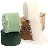 Ribbli Green Ribbon 1 Inch x 3 Rolls Total 24 Yards Ivory/Sage/Forest Green Handmade Fringe Chiffon Silk Ribbon for Wrapping 