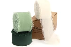 Ribbli Green Ribbon 1 Inch x 3 Rolls Total 24 Yards Ivory/Sage/Forest Green Handmade Fringe Chiffon Silk Ribbon for Wrapping Wedding Invitations Bridal Bouquets DIY Crafts Home Decor