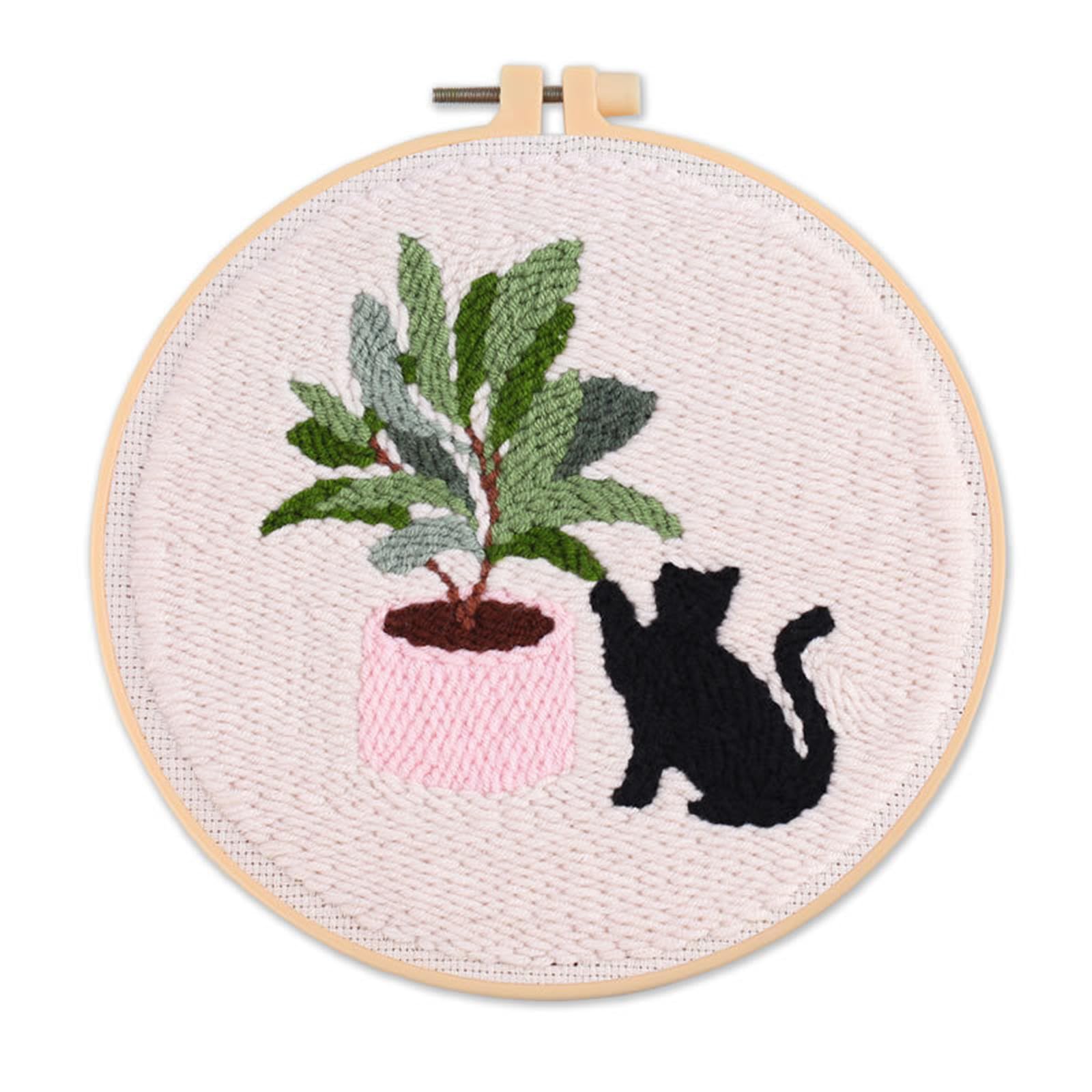 Lidzopas Punch Needle Embroidery Starter Kits With Embroidery Hoops, Punch Needle Fabric With Pattern, Cartoon Cat And Green Plant Punch Needle Kit For Craft Lovers 65218# One