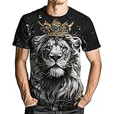 Faiwvhe Men's Casual Lion with Crown Print T-Shirt Fashion Graphic Tee Shirts Short Sleeve