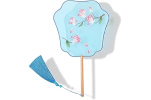 YUELAI Translucent Silk Embroidered Hand Held Fan, Chinese Round Fan, Ancient Hand Fan,Traditional Palace Paddle Dance Fan, Vintage Double-Sided Pattern Fan (Bule Magnolia)