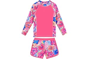 BAOHULU Girls Rash Guard Swimsuit Set 2 Pcs Long Sleeve Bathing Suit UPF 50+ Tankini Beach Swimwear Size 5-14 Years