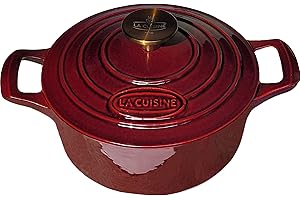 La Cuisine Enamelled Cast Iron Pot with Lid, 2 Litre 20cm Interior Matt Black Enamel Cranberry Exterior Gilt Knob for Lid Ove