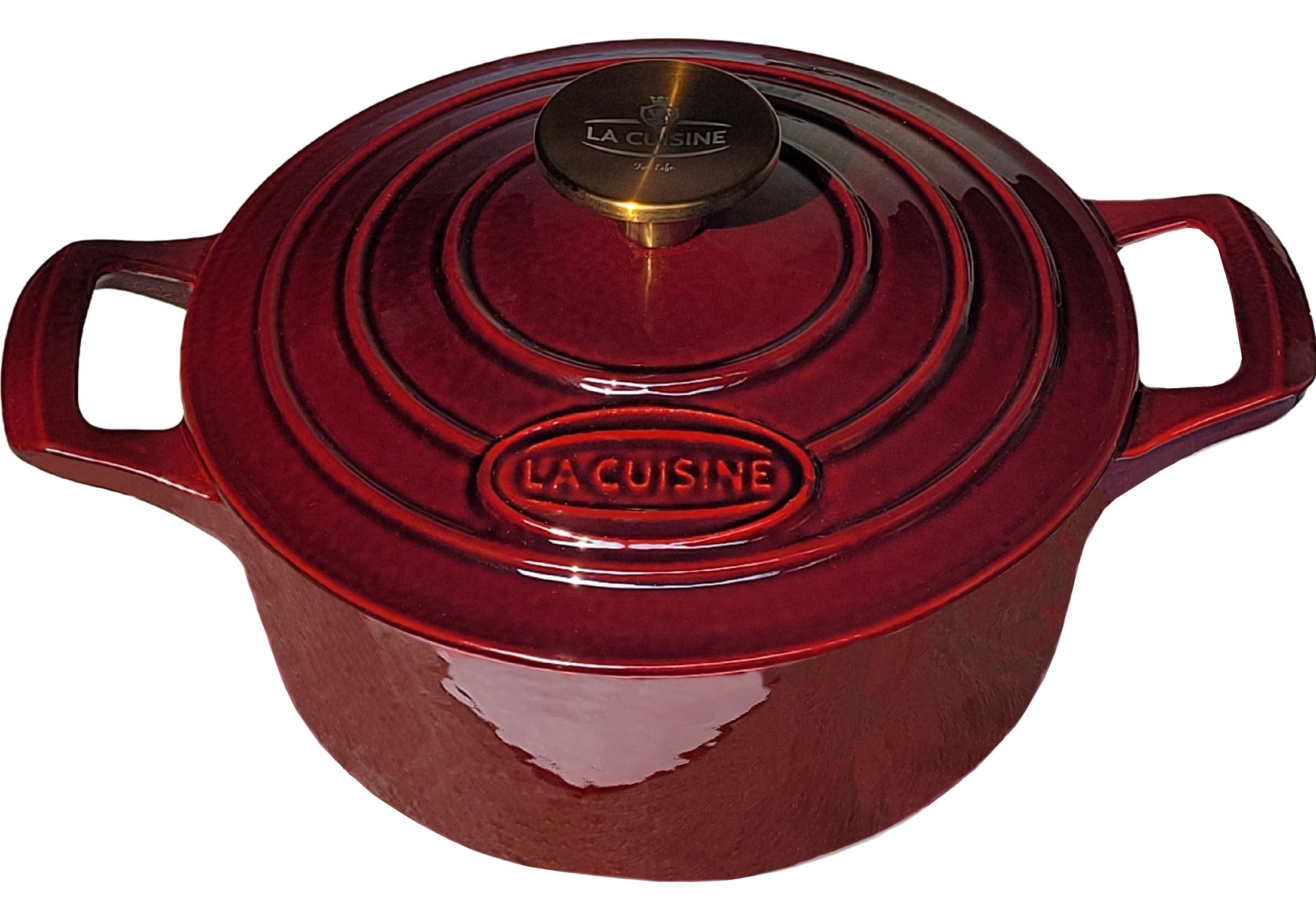 Photo 1 of La Cuisine Enameled Cast Iron Dutch Oven Casserole Dish Pot with Lid, 2.1 QT 7.9“ /20cm Dia. Internal Matte Black Enamel Coating, Gold-Plated SS Lid Handle Oven Safe up to 500° F, Cranberry