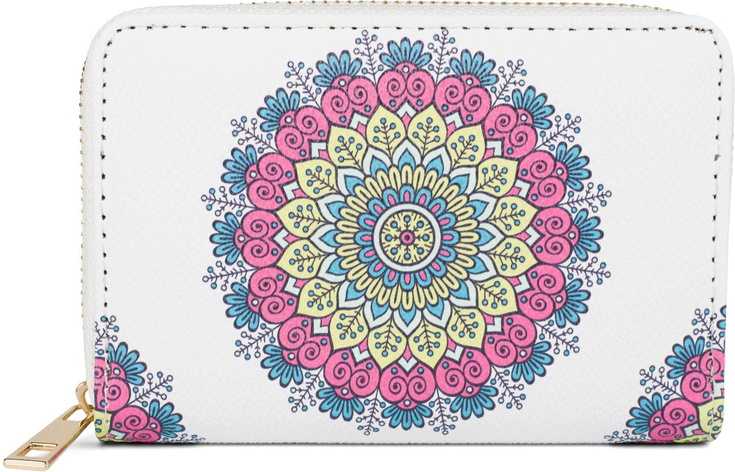 styleBREAKER Women Small Wallet with Colourful Mandala Ornament Pattern, Ethno Style, Zipper, Wallet 02040149, Colour:White-Blue-Pink-Yellow