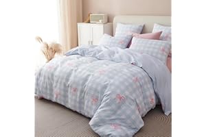 Bildenly Plaid Comforter Set Full Size Blue Gingham Pink Bow Reversible Bedding Set 3 Pieces Bowknot Grid Checkered Soft Ligh