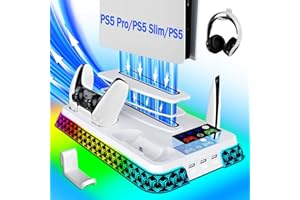 LHFDIAN PS5/Slim/Pro Stand and Cooling Station with LED Controller Charging Station for PlayStation 5 Console,Accessories Incl.Controller Charger,PS5 Cooling Fan,Headset Holder,3 USB Hubs (star triangle-white)