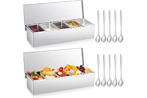Domensi 2 Pcs Stainless Steel Condiment Containers with Lids Condiment Dispenser Server Tray Organizer with 10 Spoons Caddy B