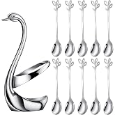 AnSaw Silver Swan Base With 10-Pcs Mini Leaf Coffee Spoon Holder Set-4.7" | Stainless Steel Leaf Handle Spoons,Small Spoons,Espresso Spoons,Tea Spoons,Dessert Spoons,Demitasse Spoons