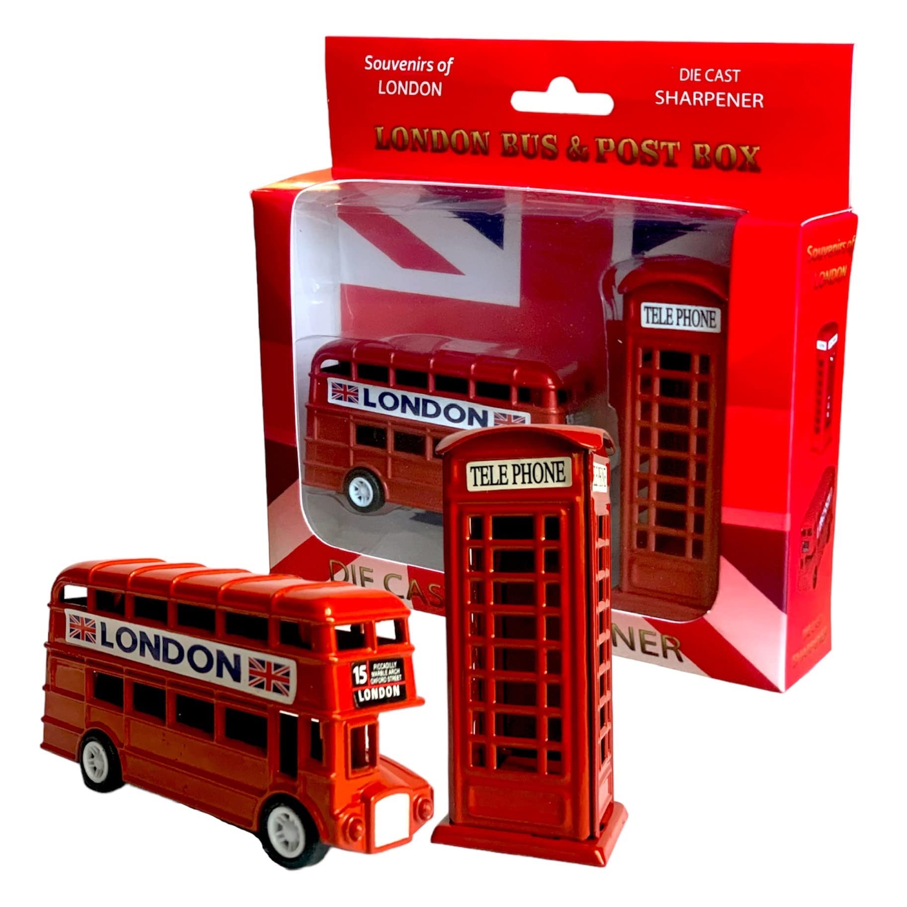 London Souvenir Pencil Sharpeners Set - Die Cast Metal Sharpener - British Souvenir England UK Gift - 2 x London Icons Pencil Sharpener Red Bus & Telephone Box