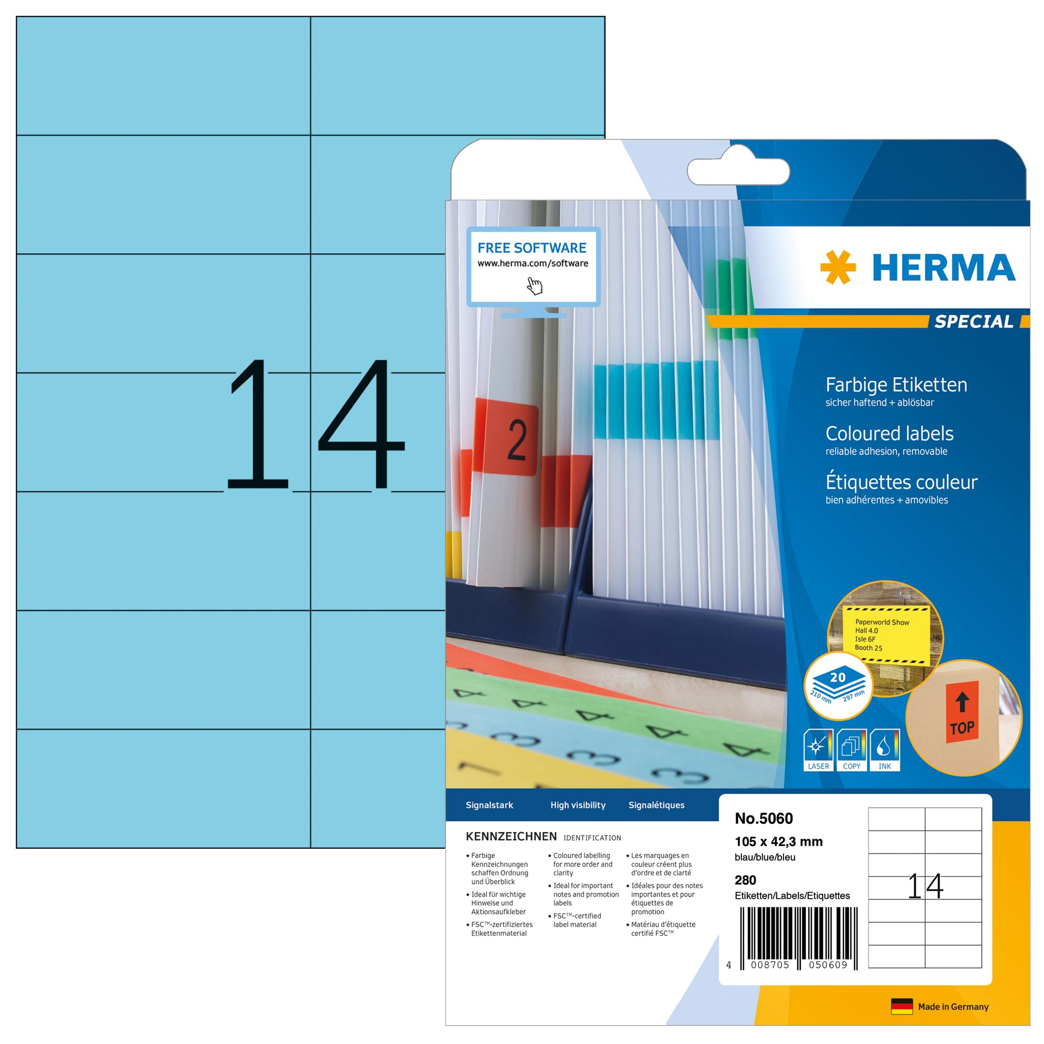 HERMA 5060 105x42.3mm Laser Paper Rectangular Coloured Labels - Matte Blue (280 Labels, 14 per Sheet)