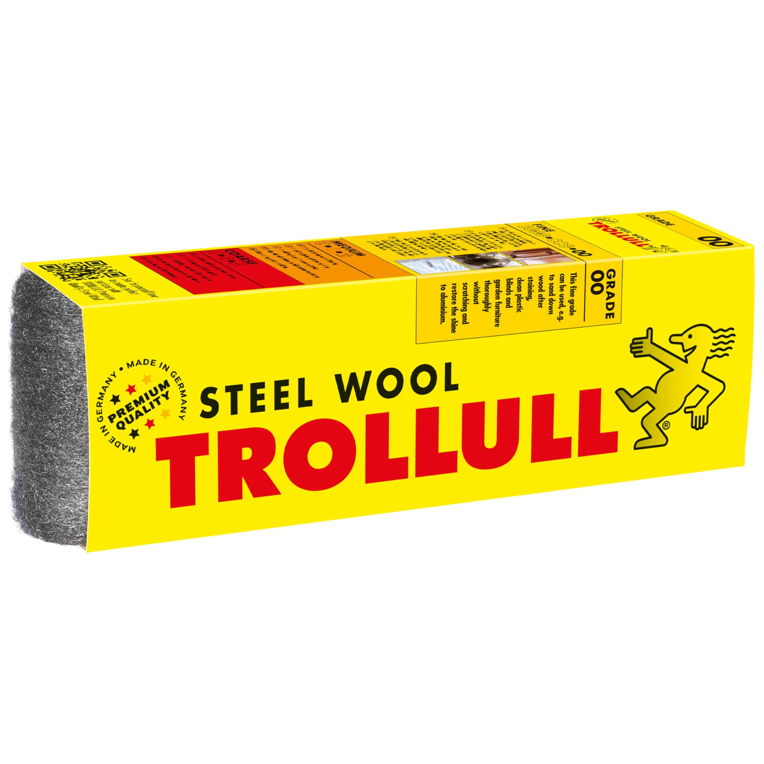 TROLLULL Steel Wool 200g fine 00 can be used to sand wood, clean plastic blinds and garden furniture, and polish aluminium