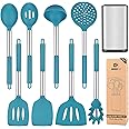 Silicone Cooking Utensil Set, 8Pcs Non-stick Cookware with Stainless Steel Handle, BPA Free Heat Resistant Kitchen Tools with Spatulas, Turners, Spoons, Skimmer and Pasta Fork