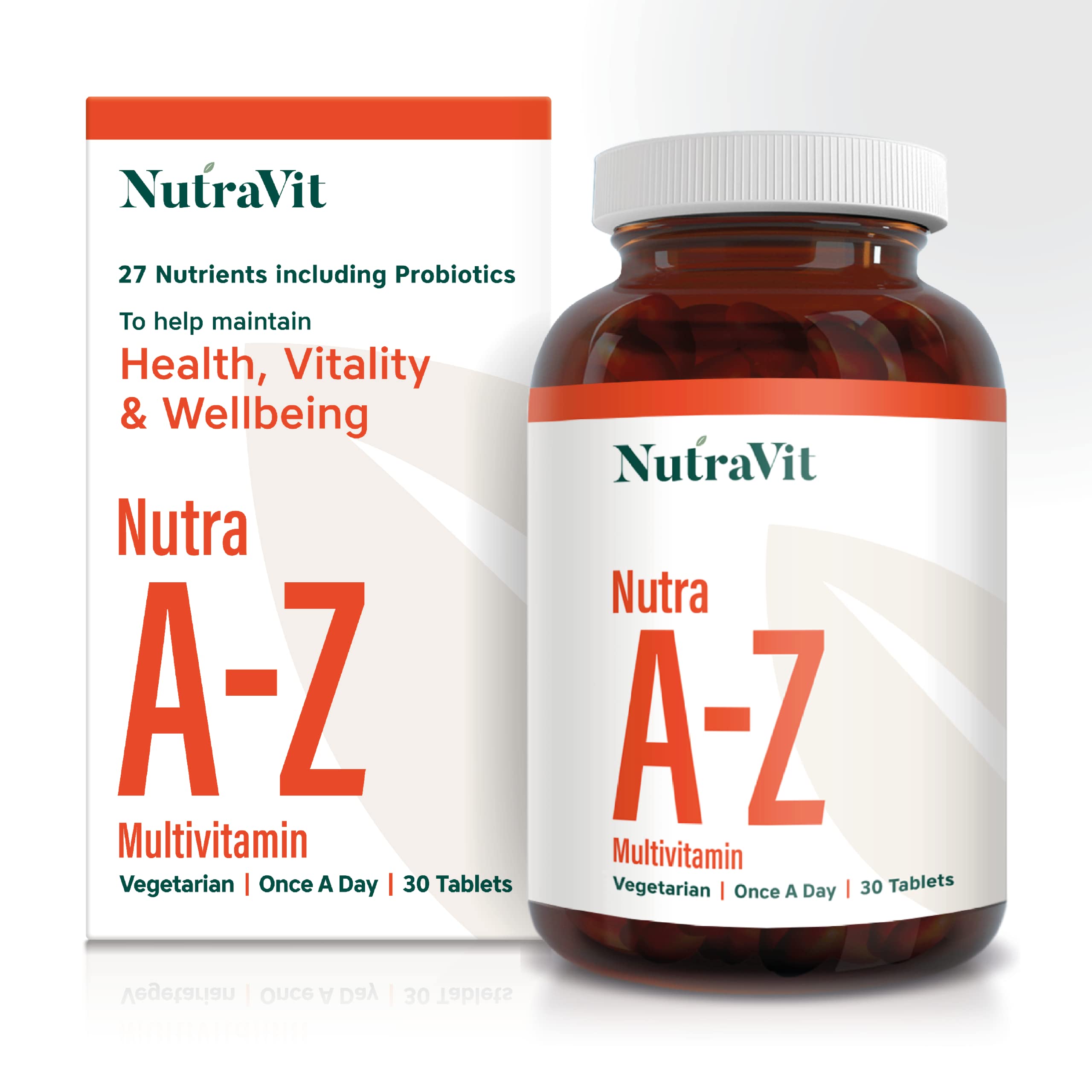 Nutra A-Z| Vegetarian Multivitamins & Minerals - 30 Tablets| 27 Nutrients Including probiotics| Men & Woman Multivitamins - by NutraVit