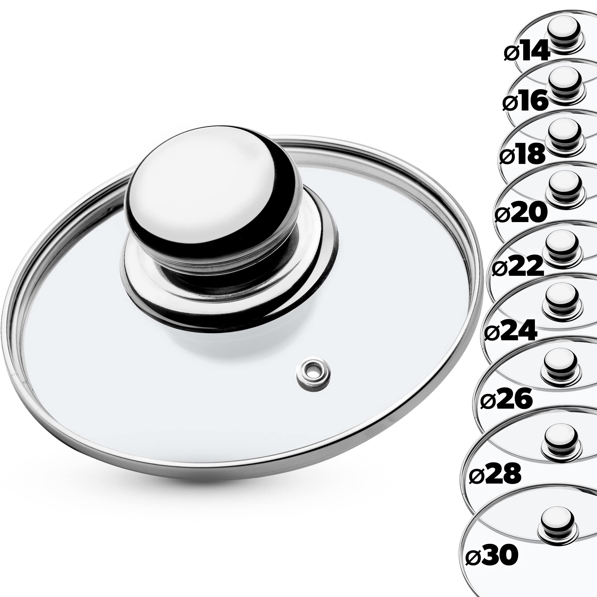 KADAX Glass Lid with Steel Handle, Heat Resistant Lid for Pots and Frying Pans, Durable Lid with Steam Vent in Various Sizes (⌀ 14 cm)