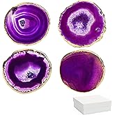 Purple Agate Coasters Set of 4 with Gift Box, Luxiv 3-4" Agate Coasters for Drinks Natural Crystal Coasters with Gold Edge Brazilian Geode Stone Coaster for Coffee, Drinks, Tea (Purple, 3-4 inches)