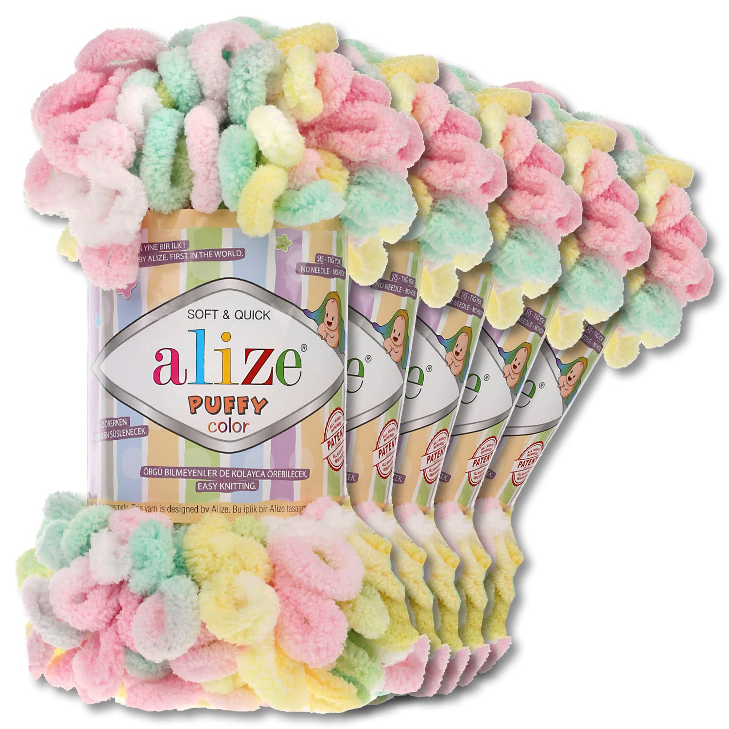 Wohnkult Alize Puffy Colour Premium Wool 5 x 100 g 26 Colour Combinations Chenille Handmade Knitting and Crochet without Tools Smart Yarn (5862)