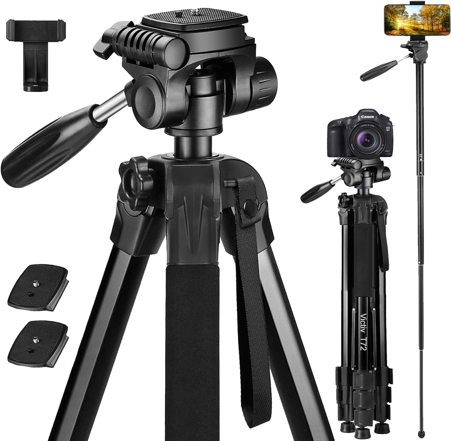 Victiv 72-inch Camera Tripod Aluminum Monopod T72 Max. Height 182 cm - Lightweight and Compact for Travel with 3-way Swivel Head and 2 Quick Release Plates for Canon Nikon DSLR Video Shooting - Black : Camera & Photo