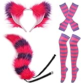 Cat Costume Set for Halloween Dress Up,Cat Ears and Tail Cosplay Costumes for Women,Pink Purple Striped Gloves and High Socks