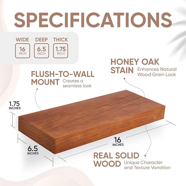 HOMEFORIA RUSTIC FARMHOUSE FLOATING SHELVES – BATHROOM WOODEN SHELVES FOR WALL MOUNTED – THICK INDUSTRIAL KITCHEN WOOD SHELF – 16 X 6.5 X 1.75 INCH – SET OF 2 – HONEY OAK COLOR