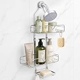 Norvane Shower Caddy Hanging, 2-Tier over Shower Head Organizer, Silver | Compact Hanging Shower Organizer with Sliding Baskets, 14 Hooks, Rust-Resistant Metal Rack for Bathrooms, Dorms, Apartments