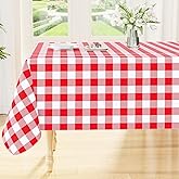 Smiry Rectangle Table Cloth, Waterproof Vinyl Tablecloths with Flannel Backing, Wipeable Buffalo Plaid Table Cover for Valentines & Mothers Day Dining Decorations and Outdoor (Red & White, 60"x84")