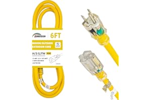 HONDERSON 6FT 14/3 Lighted Outdoor Extension Cord - 14 Gauge 3 Prong SJTW Heavy Duty Yellow Extension Cable with 3 Prong Grounded Plug for Safety,UL Listed
